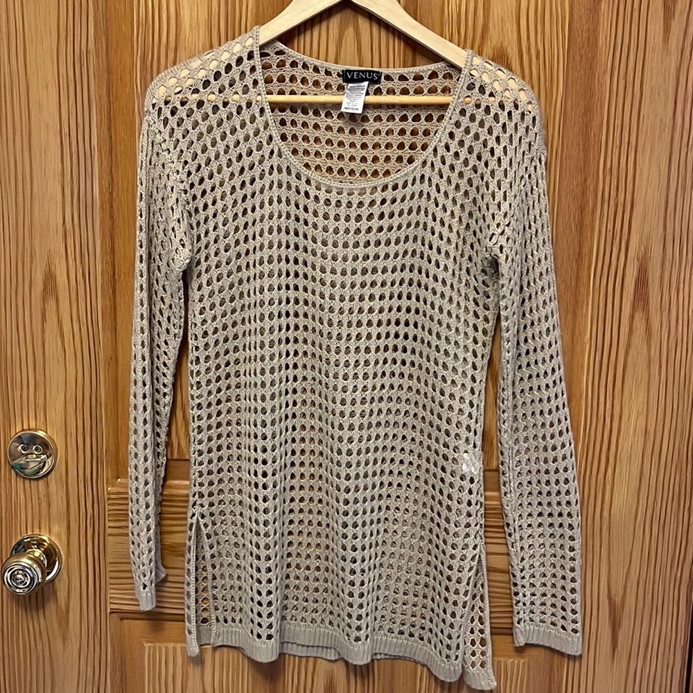 VENUS Long Sleeve Crocheted Swim Coverup M
